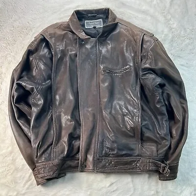 Michael Hoban Mens Size 44 Brown Leather Bomber Jacket Faded Distressed • $64.88