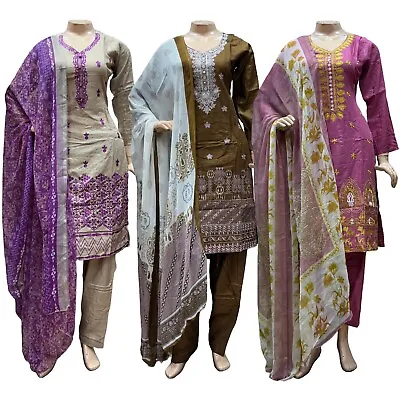 Pakistani Indian Women's Embroidered Linen Suit Dress Shalwar Kameez Salwar • £14.50