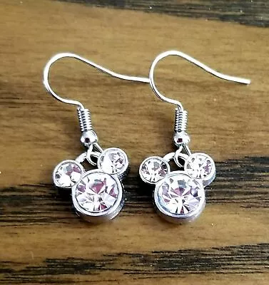 New Crystal Mickey Mouse Earrings Charm Silver Dangle Earrings Handmade Jewelry  • $19.99