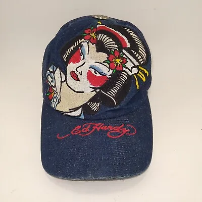 Don Ed Hardy Mesh Blue Trucker Hat Geisha Snapback Embroidered Y2K Tattoo • $22