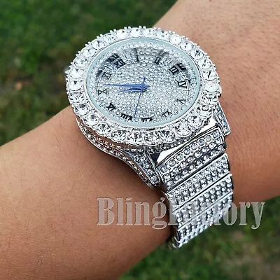 Men Hip Hop Iced Bling White Gold PT Rapper Lab Diamond Urban Metal Offset Watch • $27.99