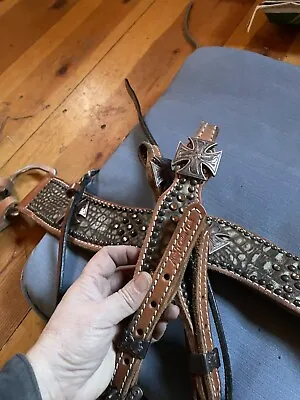 Mandy’s Custom Tack Bling Set Headstall Tripping Collar Barrel Racing Green Croc • $450