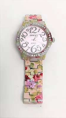 New Geneva Multi Color Floralcrystalspink Dialbracelet Alloy Metal Watch 7225 • $26.79