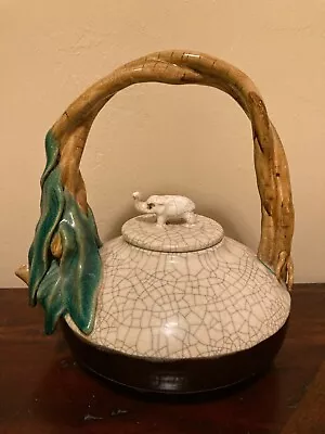 Large 11  Tall MAJOLICA Teapot~Crackle Glaze~Elephant Finial Lid~Oriental ACCENT • $45