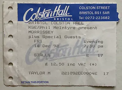 Smiths Morrissey Original Used Concert Ticket Colston Hall Bristol 18th Dec 1992 • $14.93