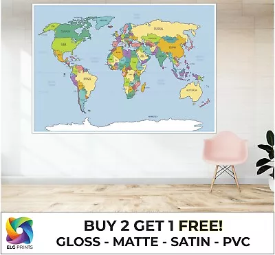 LAMINATED World Map Atlas Country Names Large Poster Art Print Gift A1 A2 A3 A4 • £5.99