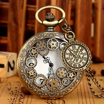 Gear Quartz Pocket Watch Retro Steampunk Analog Necklace Chain Watch Fashion New • $25.98