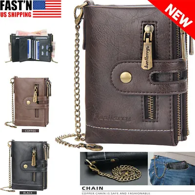 Mens Wallet Genuine Leather RFID Bifold With Chain And Double Zipper Coin Pocket • $12.89