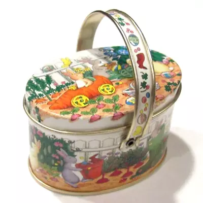 Keller Charles Oval Easter Tin Basket Bunny Rabbit Garden Scene Lidded Handle • $6