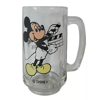 VTG Disney Studios Mickey Mouse Clear Glass Stein Cup Clapboard Tankard Handle • $22.50