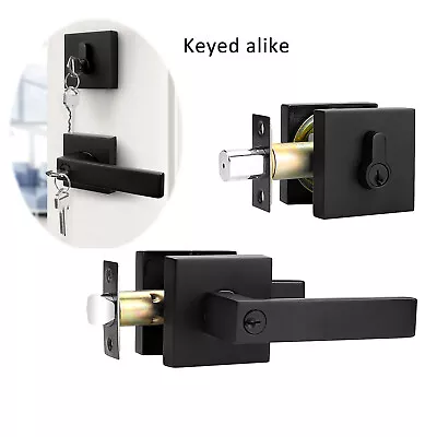 Black Front Entry Door Handle Lock Set Square Keyed Alike Single Deadbolt Lever • $60.05