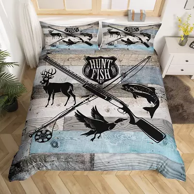 Hunt Fish Bedding Set Queen SizeDeer Bird Fish Animal Hunting Duvet Cover Set F • $57.79