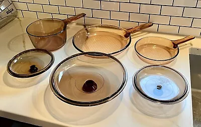 Vtg Pyrex Amber Vision Ware Small Pots 6 Pc Set - 1.5 7” 10” With Lids • $50