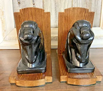Vintage Black Horse Head Bookends On Wood Rustic Décor One Of A Kind • $20