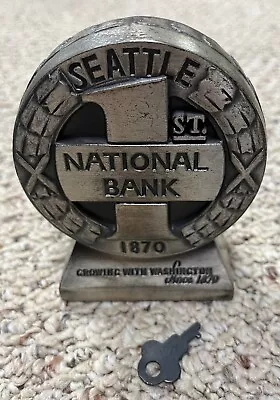 Vintage Seattle 1st National Bank 1870 Cast Metal Pewter Color Coin Bank W/ Key • $9.99