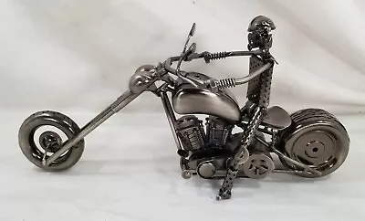 Large Metal Art Motorcycle Chopper With Rider Nuts Bolts Sculpture Art Figurine • $48.88