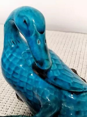 Majolica Turquoise Blue Chinese Mud Duck Statue-Figurine On Wood Base • $75