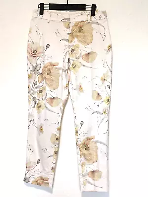 H&M Cream Stretch Cropped Trousers W/ Floral Pattern Preloved Size EUR 40 UK 12 • £9.95