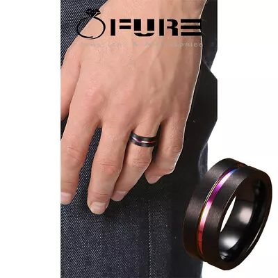 Black Matte Finish Stainless Steel Ring Rainbow Wedding Band Engagement Rings  • £4.79