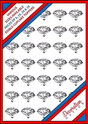 35 X Crystal Diamond - Edible Cupcake Cake Toppers Wafer Icing 6 15 24 35 Bling • £6.49