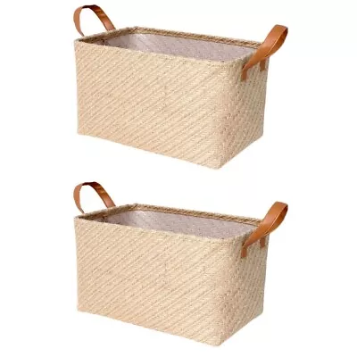  2 Pc Foldable Storage Bin Small Rope Woven Linen Basket Rectangle • £23.69