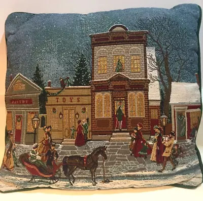 $14 • Buy Vintage Tapestry Christmas Throw Pillow 16'' Square Winter Village Scene Nice