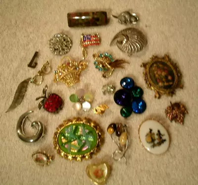 23 Vintage/Now Assorted Brooches/Pins Rhinestones Cameos Glass + • $9.99