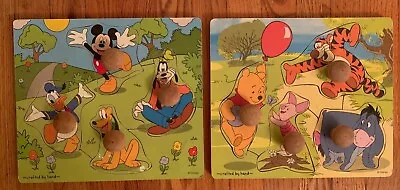 Lot Of 2 Melissa & Doug Wood Knob Puzzles Mickey Mouse Friend & Winnie Pooh PB5A • $28