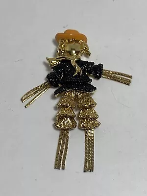 Vintage Enamel Gold Scarecrow Brooch Orange Hat Chain Tassels Dangle Lapel Pin • $14.99