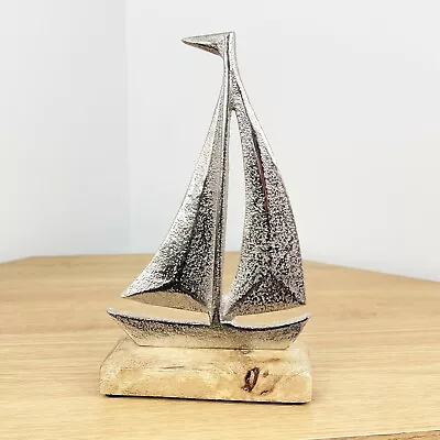 Sailing Boat Ornament Ship Sculpture Nautical Silver Home Decor Bathroom Coastal • £13.50