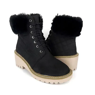 Nicole Miller Women's Latte Faux Fur Trim Quilted Wedge Boots Black Size 9 • $60