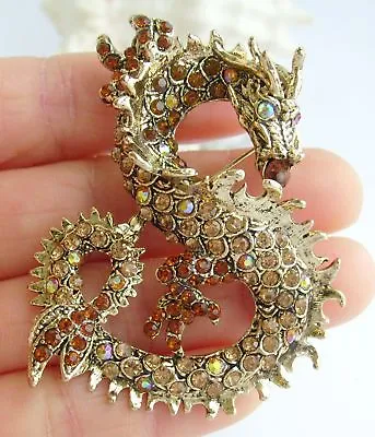 Vintage Chinese Dragon Brooch Pin Pendant Brown Rhinestone Crystal 02980C4 • $10.75