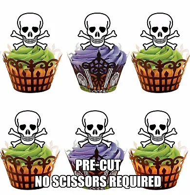 PRE-CUT Skull Cross-bone Edible Cup Cake Toppers Decorations Halloween Birthday • £3.75