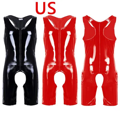 US Mens One Piece Wet Look PVC Leather Sleeveless Zipper Crotch Leotard Bodysuit • $21.15