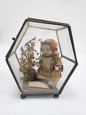 Vintage Asian Doll In Glass Container W Flowers Rare Unqiue Display Figure  • $45