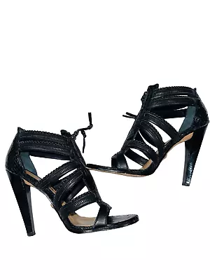 L.A.M.B. Black Snakeskin Leather Strappy Caged Peep Toe Stiletto Zipper Accents • $87
