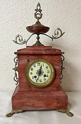 Antique Early 19th Century Fireplace Trim Red Marble And Brass Clock  • $160.05