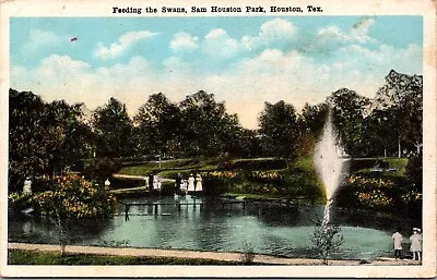 Vintage Postcard Lake In Sam Houston Park Houston Texas TX Swans People Fountain • $3.99