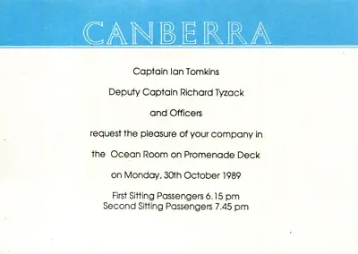 P&O Orient Lines SS CANBERRA Invitation From Captain Tomkins October 1989 • £1.45