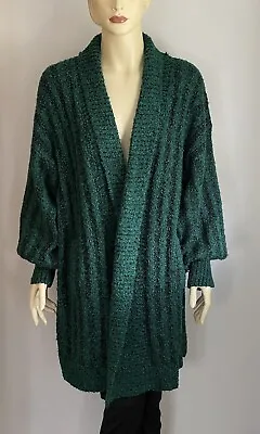 Vtg Penbrooke Lane Green Acrylic Oversize Loop Rib Knit Long Open Sweater Coat M • $49.99