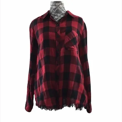 BeachLunchLounge Maxwell Red Buffalo Plaid Shirt Womens Small Roll Tab Fringe • $24.31