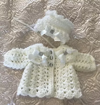 Romany Hand Crochet Bonnet And Cardigan Babies Newborn With Bling Bows • £21