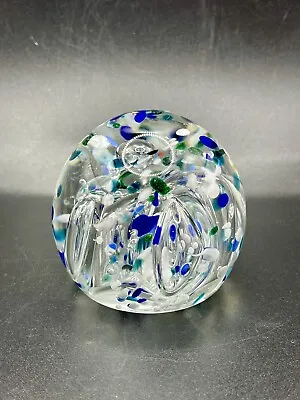 Vintage Signed KARG Confetti Art Glass Bubble Paperweight GREEN BLUE Speckled • $38