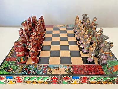 Vintage Handcrafted Spanish Conquistador Aztec Mayan Wood Ceramic Chess Set • $40.45