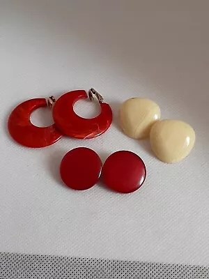 Vintage Plastic Red & Cream Color Clip On Hoop/button Earrings • $16.99