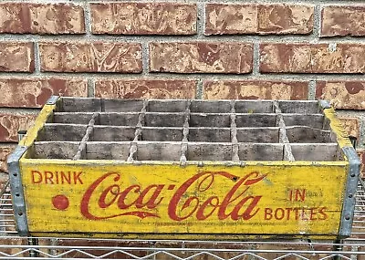 Vntg. Coca-Cola 24 Hole Wooden Yellow Crate Red Letters  One Side Up Side Down • $24.95
