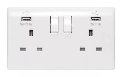 Double Wall Plug Socket 2 Gang 13A With 2 USB Charger Port Outlets White Plate  • £9.99