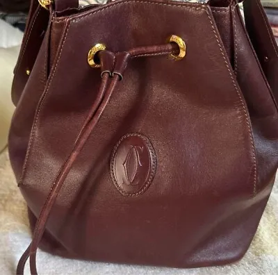 Vintage Cartier's Must Line Leather Drawstring Shoulder Bag Bordeaux USED F/S • $124.95