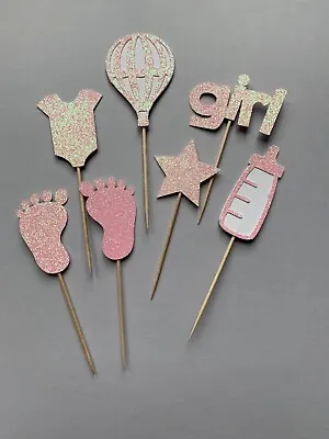 7 Pink Glitter Baby Girl Set Birthday Celebration Non-Edible Cupcake Toppers • £3.75