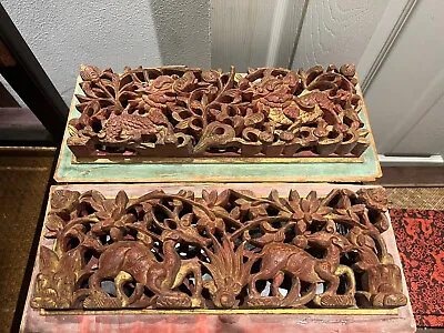 £139 • Buy 2 X Antiques Chinese Exquisite Carved Wood Gilded Flowers And Birds Panel